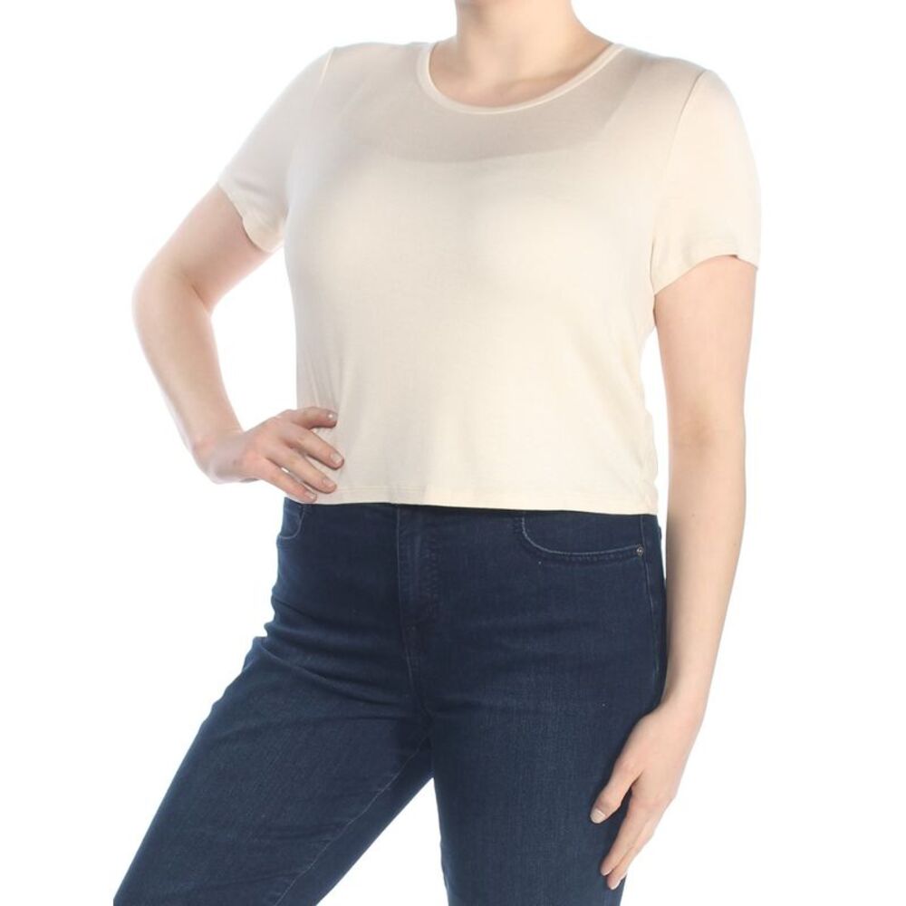 KENSIE Womens Ivory Cropped T Shirt Short Sleeve Jewel Neck Top XL